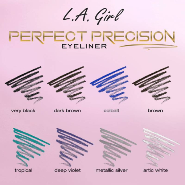 Les échantillons des huit teintes de L.A. Girl Crayon Eyeliner Perfect Precision 1,49 g - très noir, brun foncé, cobalt, brun, tropical, violet profond, argent métallique et blanc arctique - sont présentés sur un fond rose. Dakar