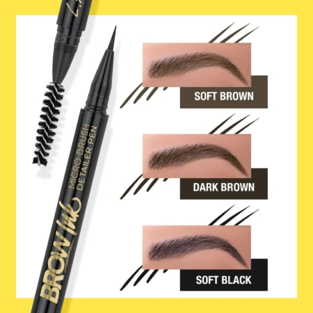 Image du Stylo Encre pour Sourcils Brow Ink Micro Brush avec sa bobine, ainsi que trois échantillons de couleurs de sourcils - Brun doux, Brun foncé et Noir doux - appliqués sur la peau sur un fond jaune. Dakar