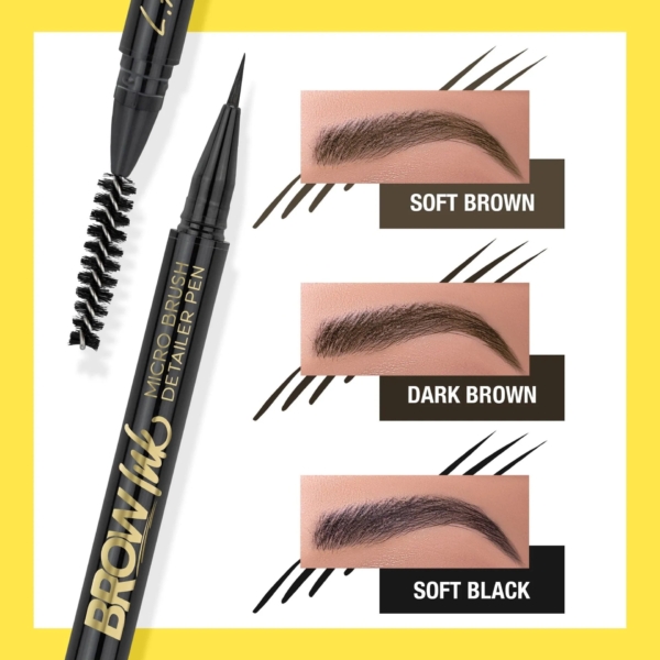 Image du Stylo Encre pour Sourcils Brow Ink Micro Brush avec sa bobine, ainsi que trois échantillons de couleurs de sourcils - Brun doux, Brun foncé et Noir doux - appliqués sur la peau sur un fond jaune. Dakar