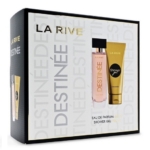 Le coffret La Rive Destinée comprend une eau de parfum de 90 ml et un gel douche pour femme de 100 ml, tous deux élégamment présentés sur la face avant de l'emballage. Dakar