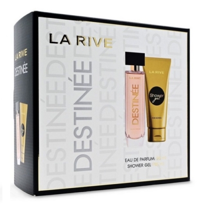 Le coffret La Rive Destinée comprend une eau de parfum de 90 ml et un gel douche pour femme de 100 ml, tous deux élégamment présentés sur la face avant de l'emballage. Dakar