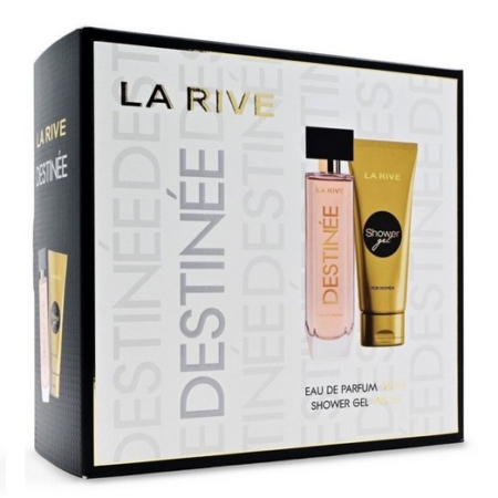 Le coffret La Rive Destinée comprend une eau de parfum de 90 ml et un gel douche pour femme de 100 ml, tous deux élégamment présentés sur la face avant de l'emballage. Dakar
