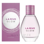 Un flacon de parfum La Rive Glow de 90 ml, transparent et doté d'un bouchon rose, se trouve à côté de son coffret rose et argenté assorti, tous deux affichant le nom de la marque et du produit bien en évidence au centre du flacon. Dakar