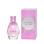 Un flacon rose de La Rive Glow Eau De Parfum 90ml pour femmes est présenté à côté de sa boîte rose et argentée assortie, toutes deux portant le nom de La Rive Glow. Dakar