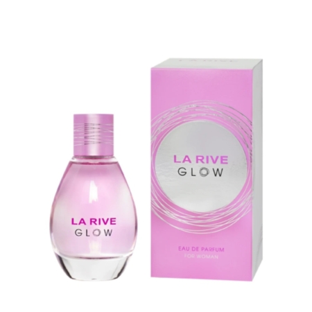 Un flacon rose de La Rive Glow Eau De Parfum 90ml pour femmes est présenté à côté de sa boîte rose et argentée assortie, toutes deux portant le nom de La Rive Glow. Dakar