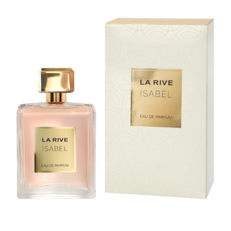 Un flacon de 100 ml de La Rive Madame Isabelle Eau de Parfum avec un bouchon doré est placé à côté de son coffret assorti de couleur crème, tous deux ornés d'élégantes étiquettes dorées et de texte noir. Dakar