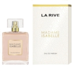 Un flacon de 100 ml de La Rive Madame Isabelle Eau de Parfum avec un bouchon rectangulaire transparent est présenté à côté de son coffret crème et or assorti, tous deux portant l'élégant nom du produit. Dakar