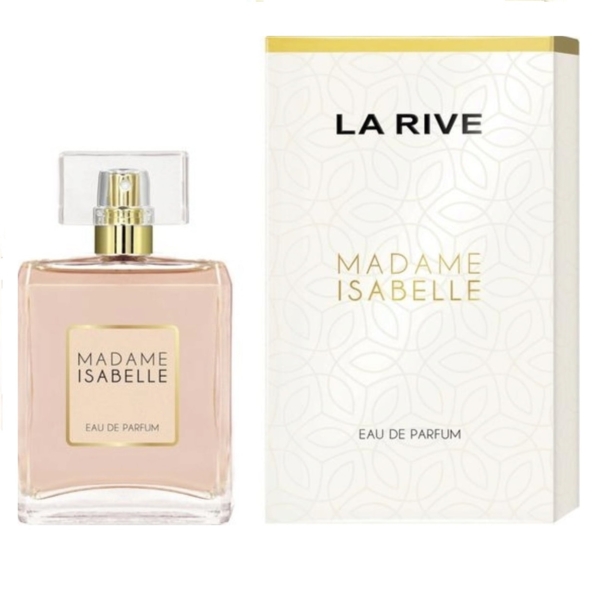 Un flacon de 100 ml de La Rive Madame Isabelle Eau de Parfum avec un bouchon rectangulaire transparent est présenté à côté de son coffret crème et or assorti, tous deux portant l'élégant nom du produit. Dakar