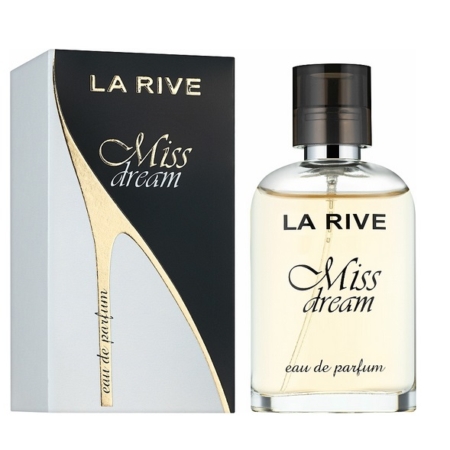 Le flacon de 30 ml de l'Eau de Parfum La Rive Miss Dream se trouve à côté de son élégant coffret noir et blanc aux accents dorés - un choix chic pour les fans de l'Eau de Parfum La Rive In Love. Dakar