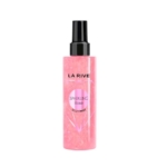 Un vaporisateur rose étiqueté "La Rive Rose Pétillante Brume Corporelle Illuminatrice 200ml" avec un bouchon noir et un subtil motif de cœur, évoquant l'élégance chic de La Rive Diamond Star Brume Corporelle Illuminatrice. Dakar