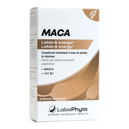 Une boîte de Labophyto Compléments Alimentaires Maca en Gélules Vitalité Sexuelle 60 gélules, en marron et blanc, soutient la libido et l'énergie avec la maca et la vitamine B1. Chaque boîte contient 60 gélules. Dakar