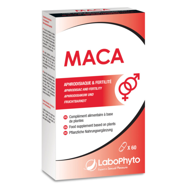 Une boîte de Labophyto Maca en Gélules Vitalité Sexuelle avec un dessin rouge et blanc, des allégations aphrodisiaques et de fertilité, des icônes masculines et féminines, contenant 60 gélules. Dakar