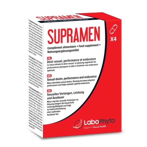 Boîte rouge et blanche de Labophyto Supramen Stimulant Sexuel Rapide Performance et Endurance, étiqueté pour stimuler le désir sexuel, la performance et l'endurance. Texte en français, anglais et allemand. Contient 4 gélules. Dakar