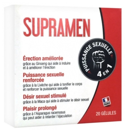 Boîte de Labophyto Supramen Stimulant Sexuel Rapide Performance et Endurance, mis en avant pour favoriser l'érection, la puissance sexuelle, le désir et la prolongation du plaisir. Contient 4 gélules. Dakar