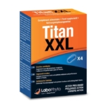 Boîte de Labophyto Titan XXL Stimulant Sexuel Rapide Action Prolongée, 4 comprimés, avec un design orange et bleu et une image de capsule. Le texte multilingue souligne les avantages d'une érection améliorée et prolongée. Dakar