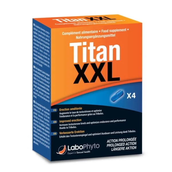 Boîte de Labophyto Titan XXL Stimulant Sexuel Rapide Action Prolongée, 4 comprimés, avec un design orange et bleu et une image de capsule. Le texte multilingue souligne les avantages d'une érection améliorée et prolongée. Dakar