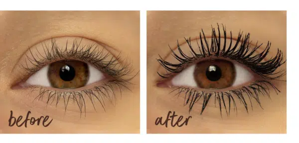 Gros plan côte à côte d'un œil brun : l'image "avant" montre des cils naturels, tandis que l'image "après" montre des cils plus longs et plus fournis après l'application du Mascara L.A. Girl Coloré et Volumisant Cils Volumatic Mascara 10 ml. Dakar