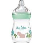 Le Luc et Léa Ergosense Biberon Anti-Colique 150 ml Débit Lent 0 Mois et + a un couvercle vert, un corps transparent, le texte "Luc et Léa Ergosense", et une illustration d'hippopotame rose avec des feuilles vertes. Dakar