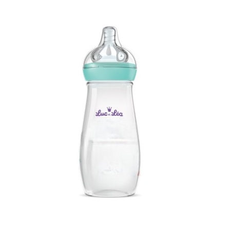 Biberon Luc et Léa Ergosense Biberon Anti-Colique 270 ml Débit Moyen 2 Mois et Plus en plastique transparent avec un bouchon bleu sarcelle et une tétine en silicone, portant le nom de la marque "Luc et Léa" en violet sur le devant. Dakar