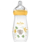 Le biberon Luc et Léa Ergosense Biberon Anti-Colique 270 ml, adapté aux bébés de 2 mois et plus, est un biberon transparent avec un bouchon jaune représentant un adorable éléphant gris parmi des feuilles vertes et jaunes. Dakar