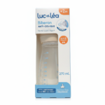 Boîte de Luc et Léa Ergosense Biberon Anti-Colique 270 ml Débit Moyen 2 Mois et Plus, dans un emballage principalement blanc et bleu avec des accents orange. Convient aux bébés âgés de 2 mois et plus. Dakar