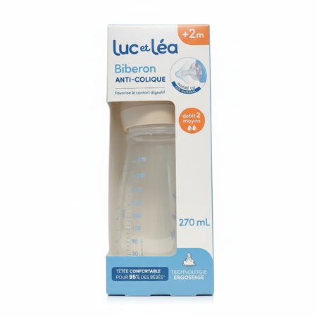 Boîte de Luc et Léa Ergosense Biberon Anti-Colique 270 ml Débit Moyen 2 Mois et Plus, dans un emballage principalement blanc et bleu avec des accents orange. Convient aux bébés âgés de 2 mois et plus. Dakar