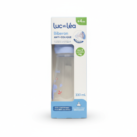 Le produit Luc et Léa Ergosense Biberon Anti-Colique 330ml Débit Variable, pour les bébés de 4 mois et plus, est présenté dans un emballage blanc et bleu avec les détails du produit et une fenêtre transparente montrant l'intérieur du biberon. Dakar