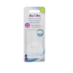 L'emballage de Luc et Léa Ergosense Tétines Silicone Anti-Colique 6 Mois et Plus (2 tétines) est principalement blanc avec des accents bleus et violets, conçu pour les bébés âgés de 6 mois et plus. Dakar