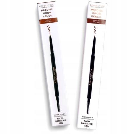 Deux boîtes rectangulaires blanches de MakeUp Revolution Crayon à Sourcils Precise Brow Pencil 0,05 g sont présentées, étiquetées Light Brown et Medium Brown, chacune avec une image du crayon noir et des détails sur le produit. Dakar