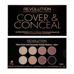La Palette Correcteur Anti Cernes Ultra Cover and Concealer Medium Dark de MakeUp Revolution se présente sous la forme d'un boîtier noir élégant contenant huit teintes d'anti-cernes crème allant du clair au foncé, présentées à la fois fermées et ouvertes. Dakar