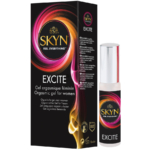 Une boîte et un flacon de Manix Skyn Excite Gel Orgasme Féminin 15 ml, avec des tourbillons roses, orange et jaunes vibrants sur un emballage noir, présentés à côté d'une marque King Size distincte et de détails sur le produit en plusieurs langues. Dakar