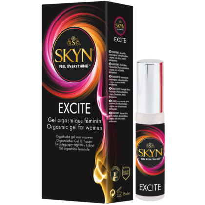 Une boîte et un flacon de Manix Skyn Excite Gel Orgasme Féminin 15 ml, avec des tourbillons roses, orange et jaunes vibrants sur un emballage noir, présentés à côté d'une marque King Size distincte et de détails sur le produit en plusieurs langues. Dakar