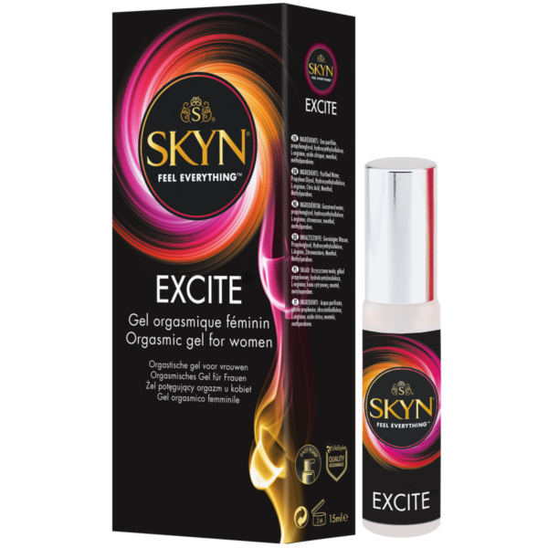 Une boîte et un flacon de Manix Skyn Excite Gel Orgasme Féminin 15 ml, avec des tourbillons roses, orange et jaunes vibrants sur un emballage noir, présentés à côté d'une marque King Size distincte et de détails sur le produit en plusieurs langues. Dakar
