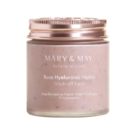 Le pot de 125 ml de Mary and May Masque à l'Eau de Rose et Acide Hyaluronique avec couvercle en or rose contient de l'eau florale de Rosa Damascena et 5 types d'acide hyaluronique. Dakar