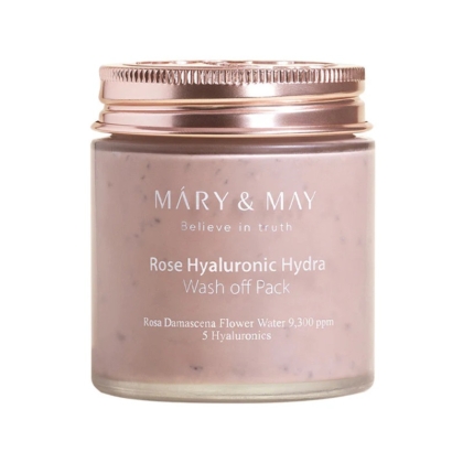 Le pot de 125 ml de Mary and May Masque à l'Eau de Rose et Acide Hyaluronique avec couvercle en or rose contient de l'eau florale de Rosa Damascena et 5 types d'acide hyaluronique. Dakar