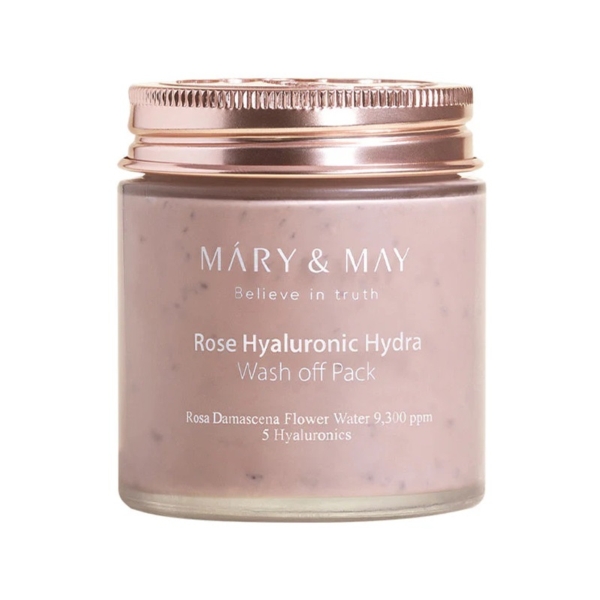 Le pot de 125 ml de Mary and May Masque à l'Eau de Rose et Acide Hyaluronique avec couvercle en or rose contient de l'eau florale de Rosa Damascena et 5 types d'acide hyaluronique. Dakar
