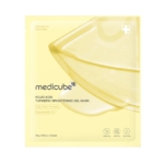 Le sachet jaune de Masque Gel Éclaircissant à l'Acide Kojique et au Curcuma 1 Pièce présente une image semi-transparente du masque, le nom du produit, les ingrédients clés et des icônes indiquant les bienfaits de l'éclaircissement et de l'hydratation. Dakar