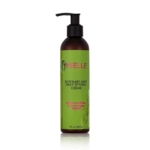 Un flacon de Mielle Organics Crème Coiffante Revitalisante à l'Huile de Romarin 240ml avec une pompe noire, une étiquette verte et un texte rose. Comme la Crème à l'Huile de Ricin Asiam, elle est enrichie en biotine pour favoriser la pousse des cheveux. Dakar