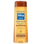 Un flacon orange de 300 ml de Mixa Bébé Shampoing Très Doux Démêlant avec une étiquette bleue et blanche, en français, met en avant sa formule douce et hypoallergénique au beurre de karité et à l'huile de jojoba, adaptée aux bébés et aux adultes. Dakar