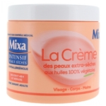 Mixa Crème des Peaux Extra Sèches 400 ml se présente dans un contenant rond orange avec un emballage français, est hypoallergénique, enrichi d'huiles 100% végétales et convient au visage, au corps et aux mains pour prendre soin des peaux extra sèches. Dakar