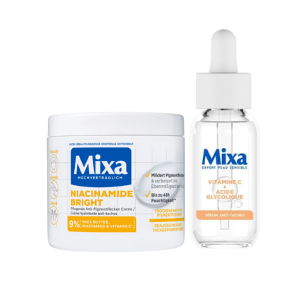 Deux produits de soin Mixa : un pot blanc étiqueté "Niacinamide Bright" avec des accents bleus et jaunes, et un flacon compte-gouttes transparent étiqueté "Vitamin C Acide Glycolique" avec un texte orange. Dakar