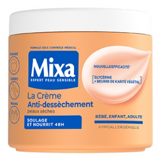 Un pot de 400 ml de Mixa La Crème Anti-dessèchement Peau Sèche pour le visage, le corps et les mains, adapté aux bébés, aux enfants et aux adultes. Contient de la glycérine et du beurre de karité ; offre une hydratation pendant 48 heures, dans un emballage blanc et pêche. Dakar