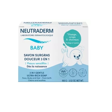 Neutraderm Baby Savon Surgras Douceur 3en1 100 g, dans un emballage bleu et blanc avec un sceau en forme de dessin animé, est idéal pour les peaux sensibles et le nettoyage en douceur du visage, du corps et des cheveux. Dakar