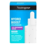 Une boîte de Neutrogena Hydro Boost Sérum Affinant 10% Niacinamide Anti Pores Dilates 30 ml, avec un flacon compte-gouttes blanc avec des accents bleus. Un texte en français souligne ses bienfaits hydratants et affinants pour les pores. Dakar