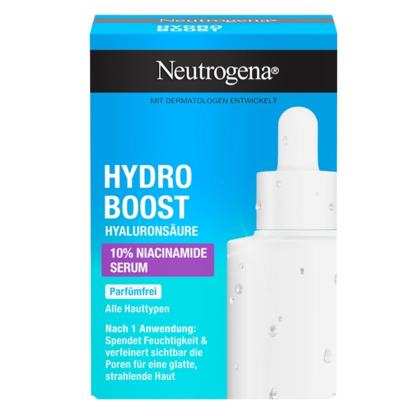Une boîte de Neutrogena Hydro Boost Sérum Affinant 10% Niacinamide Anti Pores Dilates 30 ml, avec un flacon compte-gouttes blanc avec des accents bleus. Un texte en français souligne ses bienfaits hydratants et affinants pour les pores. Dakar