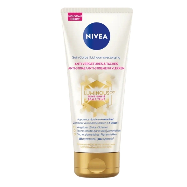 Un tube de 200 ml de Nivea Crème Corps 48h Anti Vergetures Et Taches Luminous 630 Teint Unifié, conçu pour réduire les taches, prévenir les vergetures et unifier le teint. Ce tube comporte des accents dorés et un étiquetage français/néerlandais. Dakar