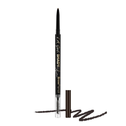 Le L.A Girl Crayon Sourcils avec Mine Fine et Embout Brosse 0.5 g est un crayon à sourcils rétractable avec une brosse en forme de bobine, présenté avec un capuchon marron et une couleur de sourcils marron en zigzag à côté. Dakar