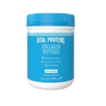 Un pot de 284 g de Vitals Proteins Collagen Peptides bleu et blanc, non aromatisé, avec un étiquetage français soulignant les avantages pour la peau, les cheveux, les ongles et les muscles. Dakar