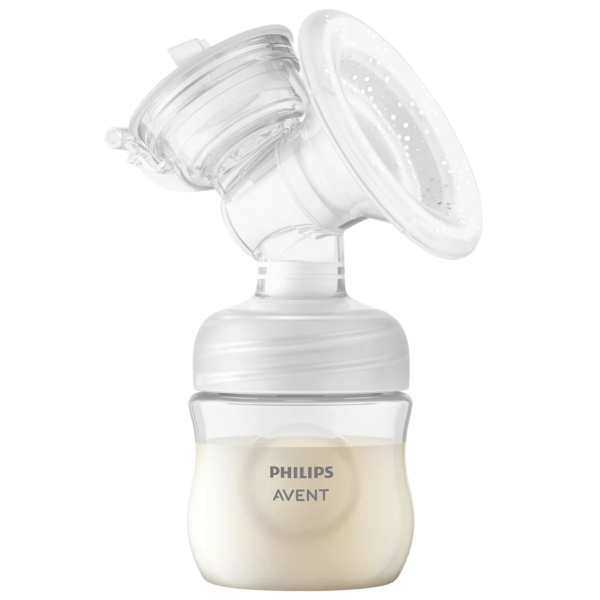 Un Philips Avent Tire Lait Électrique Simple avec Technologie de Mouvement Naturel (1 pièce) est représenté avec une bouteille attachée, partiellement remplie de lait, sur un fond blanc. Dakar