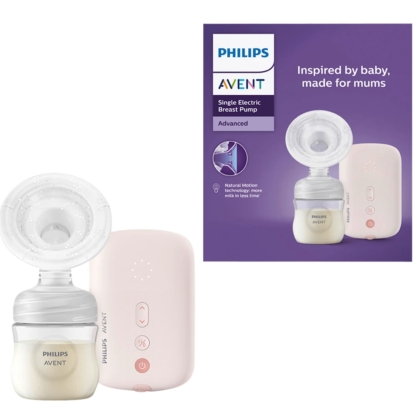 Philips Avent Tire Lait Électrique Simple avec Technologie de Mouvement Naturel 1 pièce et son emballage, montrant le tire-lait et le récipient à lait avant une boîte violette avec les détails du produit et "Inspired by baby, made for mums" (inspiré par bébé, fait pour les mamans). Dakar